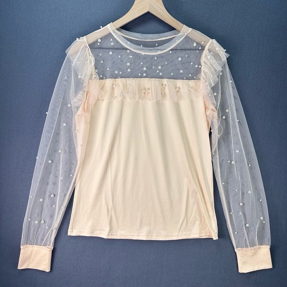 NWOT Coquette Pink Sheer Pearl Embellished Mesh Ruffle Feminine Peach Blouse Med - Picture 1 of 13
